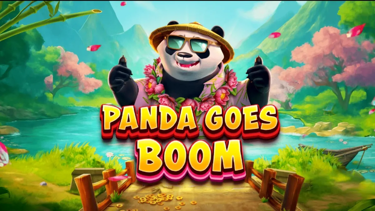 Panda Goes Boom slot game interface with bamboo and golden coins