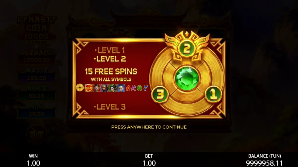 Tampilan visual slot Dynasty Coin 10,000: Hold the Spin dengan nuansa Oriental yang megah