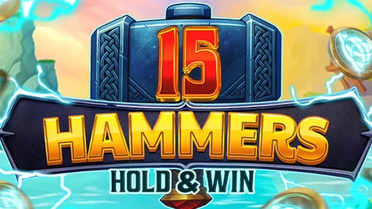 Tampilan visual slot 15 Hammers: Hold & Win dengan latar belakang bertema palu.